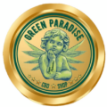 Gold circular logo for Green Paradise CBD Shop featuring a winged cherub at the center and green-tinted text around the edge.