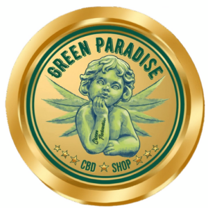 Gold circular logo for Green Paradise CBD Shop featuring a winged cherub at the center and green-tinted text around the edge.